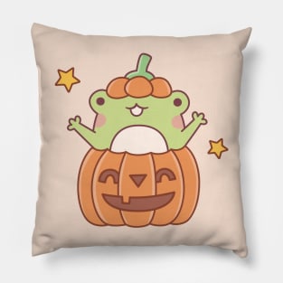 Cute Frog In Carved Pumpkin Halloween Pillow