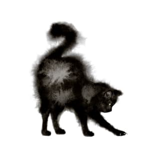 Stretching Black Fluffy Cat T-Shirt