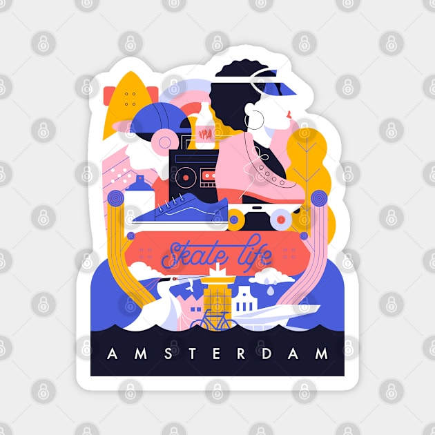 Amsterdam Skate life illustration Magnet by nomadunicorn