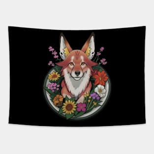 Playful Dhole Amidst Vibrant Flowers Tapestry