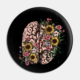 Brain, leaves, pink flowers and sunflowers, Positivity, creativity, right hemisphere brain, health, Menta Pin