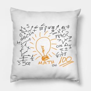 Hand drawn maths symbol and elements around orange bulb Pillow