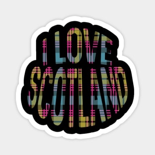 I LOVE SCOTLAND Pink, Yellow and Blue Tartan Colour Typography Design Magnet