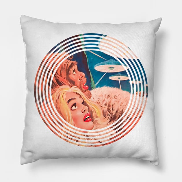 Scared Prehistoric Couple UFO Retro Old Funny Comic Popart Scifi Fantasy Vintage Pillow by REVISTANGO