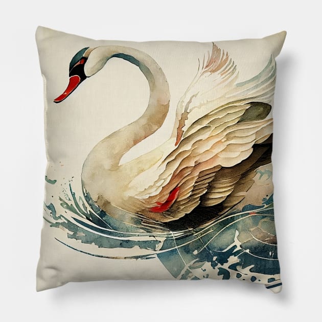 Vintage Japanese style Watercolor of a Swan Pillow by Danielleroyer