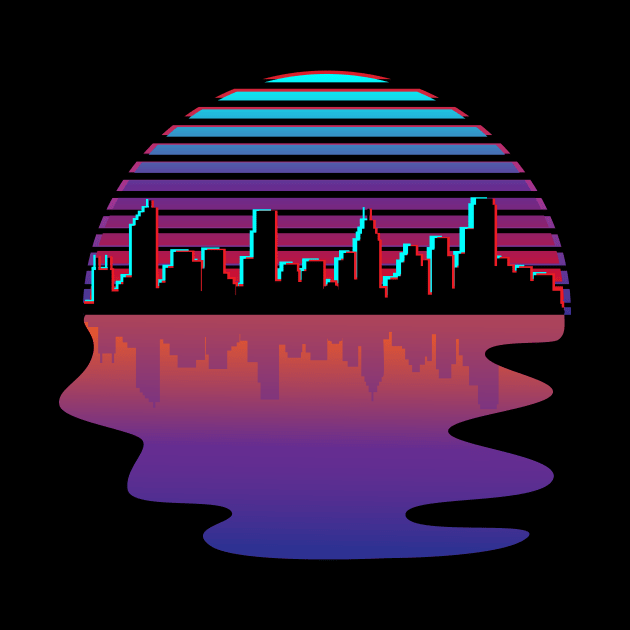 Synthwave City Skyline Silhouette Glitch Art Design by Brobocop