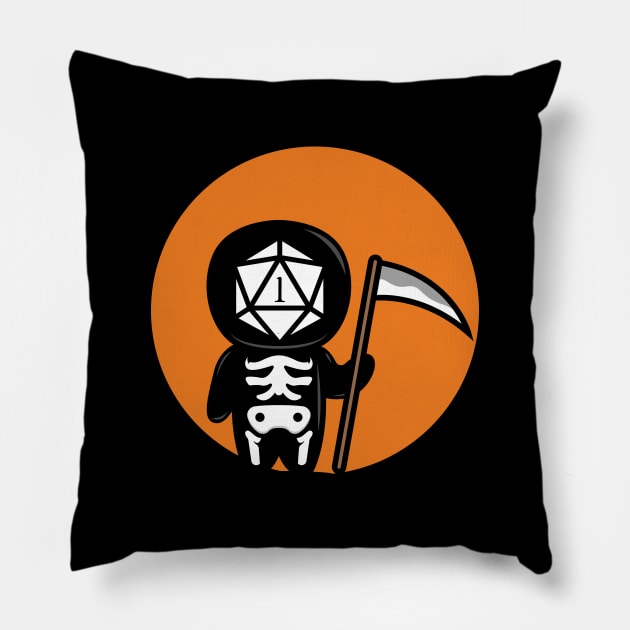 Dark Humor Polyhedral D20 Dice Halloween Grim Reaper Pillow by pixeptional