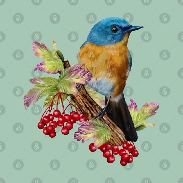 Little Blue bird and red fruits by Lewzy Design