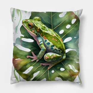 Green Frog on a Leaf Watercolor Design Pillow