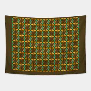 Geometric triangles and diamonds repetion set collage with dark brown at background. Tapestry