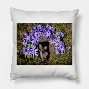 George the mouse in a log pile house - Spring flowers blue bells Pillow