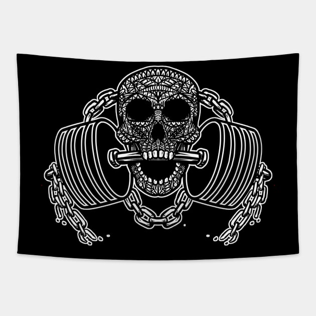 Barbell Skull Tapestry by Barabarbar artwork