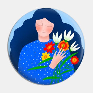 Girl with blue hair and spring flowers Pin