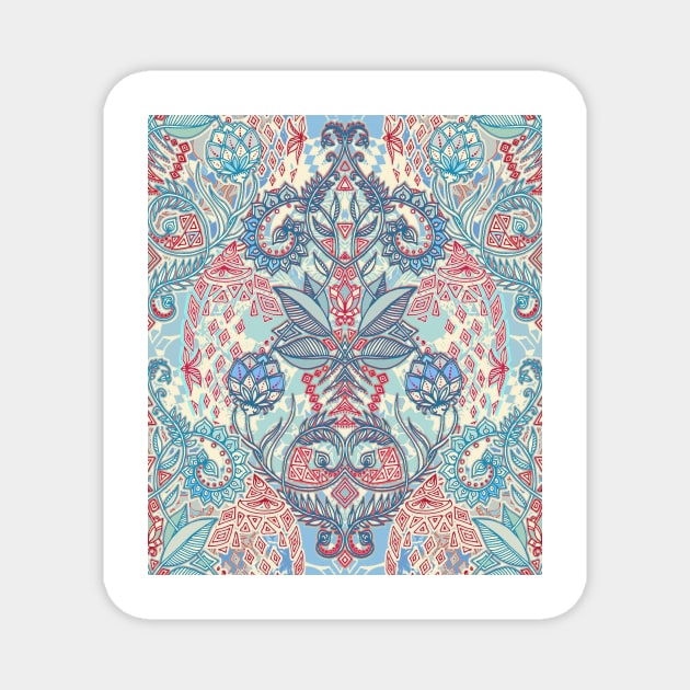 Botanical Geometry - nature pattern in red, blue & cream Magnet by micklyn