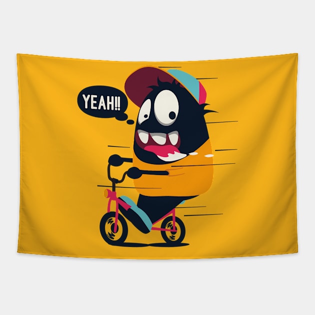 Monster Riding Bike Tapestry by mertkaratay