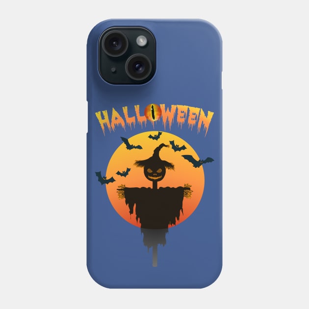 Halloween with Frightening Scarecrow and Flying Halloween Bats Phone Case by CharJens