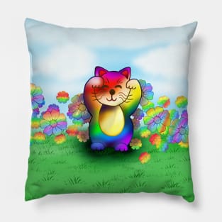 Cute rainbow lucky cat Pillow