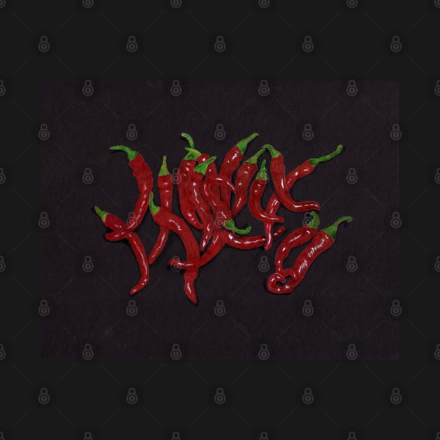 Red Cayenne Peppers on Black by ConniSchaf