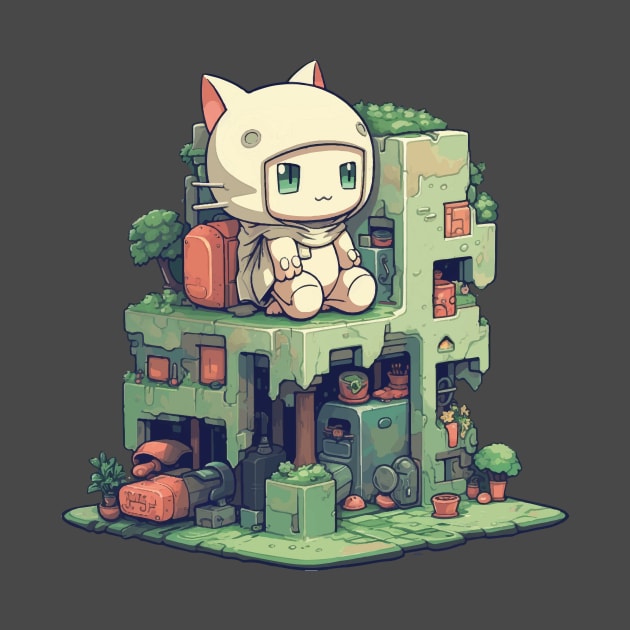 Small cute cat character sitting on a small building by Creative Art Store