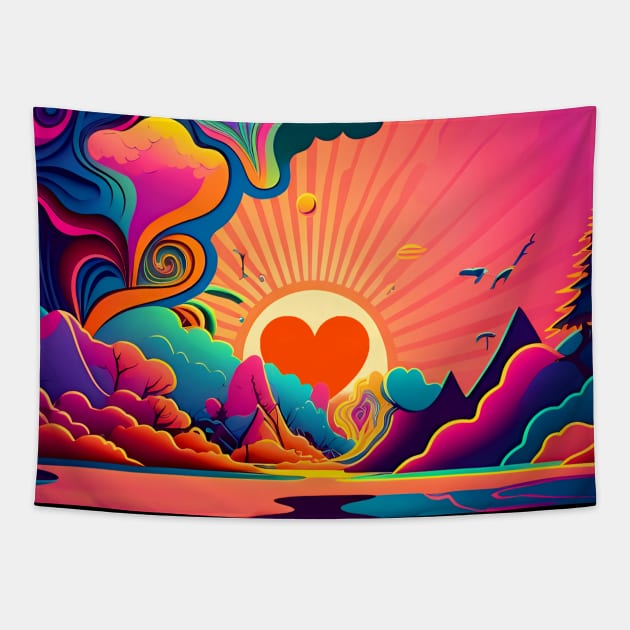 Peace and Love: Harmonious Sunset on a Dark Background Tapestry by Puff Sumo