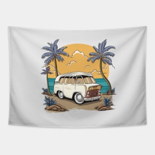 Vintage Car in Beach Summer Time Tapestry