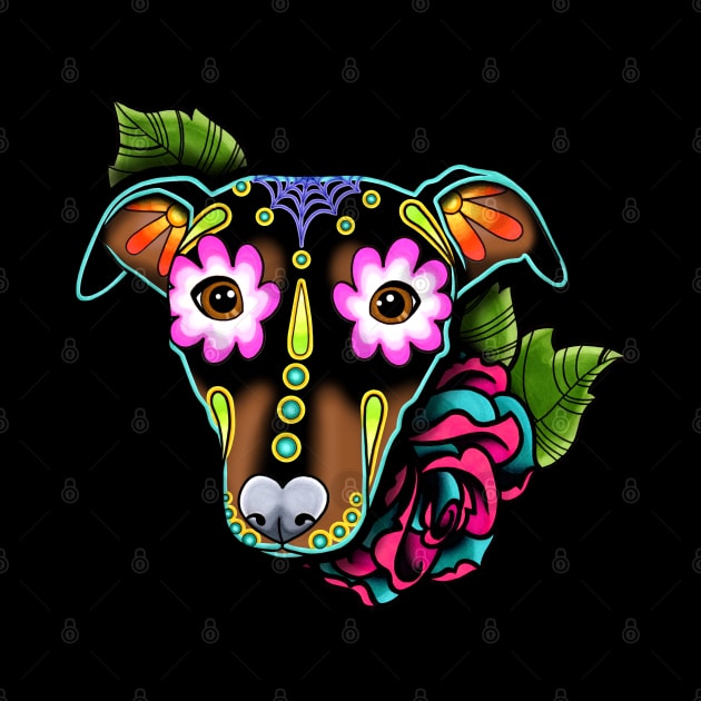 Min Pin with Floppy Ears - Day of the Dead Sugar Skull Dog by prettyinink