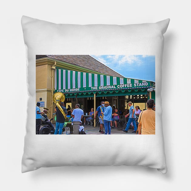 Cafe Du Monde The Original Coffee Stand and Band Pillow by Debra Martz