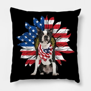 Boston Terrier American Flag Sunflower Pillow