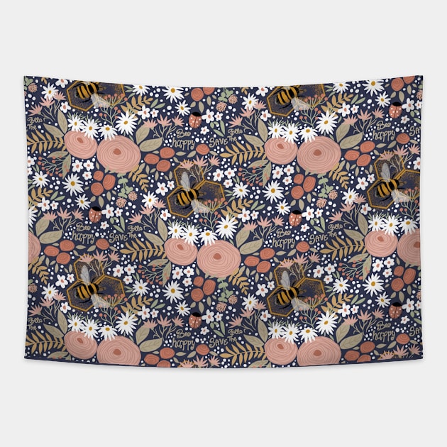 happy bees & flowers patterndesign Tapestry by Lamalou Design