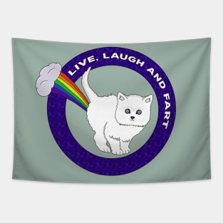 Live, Laugh and Fart - Funny Cat Rainbow Tapestry