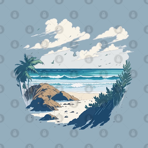 Tropical beach with palm trees and rocks. by webbygfx