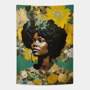 Black Woman Portrait With Yellow Flowers Collage Tapestry