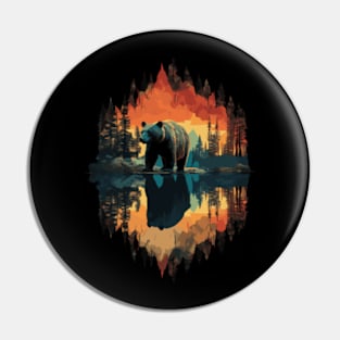 Mythical Landscape with Northern Lights and Grizzly Bear - Vector Art Design Pin