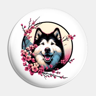 Yakutian Laika Joy in Spring with Cherry Blossoms and Flowers Pin