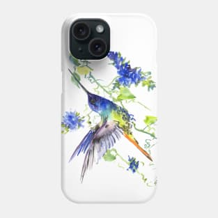 Flying Hummingbird and Blue Flowers Phone Case