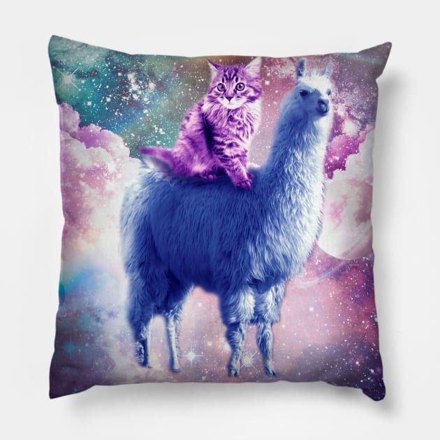 Outer Space Galaxy Kitty Cat Riding On Llama Pillow by Random Galaxy