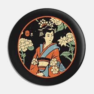 Woodblock print Japanese geisha in a temple garden Pin