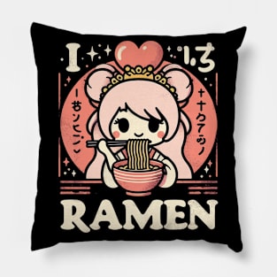 I Love Ramen - Cute Kawaii Girl - Pink Princess - Retro Graphic Pillow