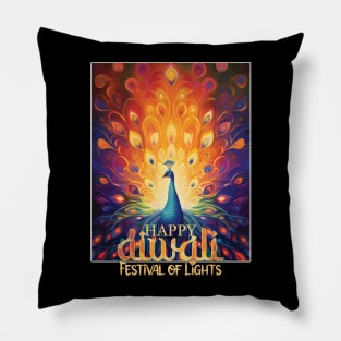 Vibrant Peacock Happy Diwali Festival of Lights Pillow