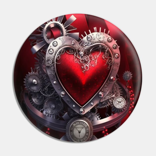 Red Heart- Steampunk Style with Clock and Gears Pin by mw1designsart