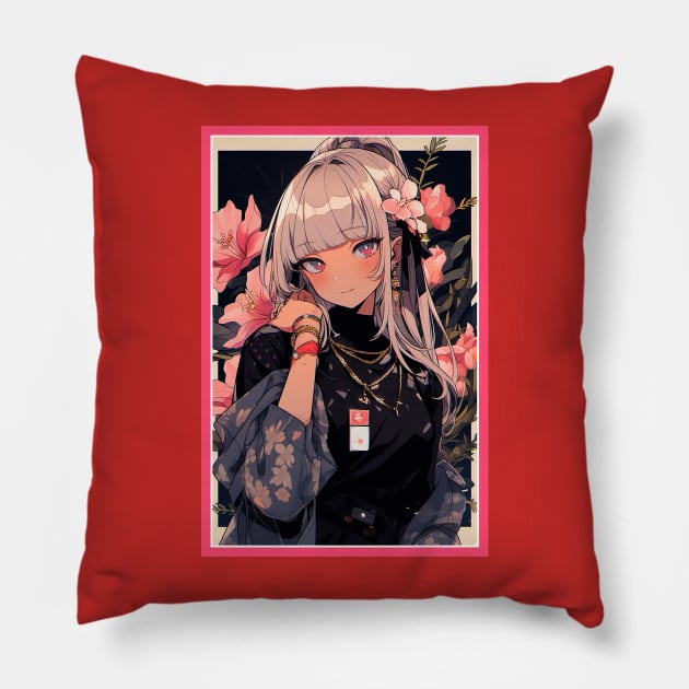 Aesthetic Anime Girl Pink Rosa Black | Quality Aesthetic Anime Design | Premium Chibi Manga Anime Art Pillow by AlNoah