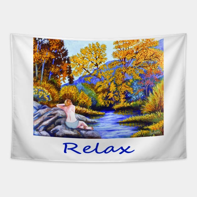 Woman girl on rocks relaxing watching the river flow zen yoga buddhism Tapestry by Fantasyart123