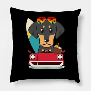 Surfer dachshund driving to the beach Pillow