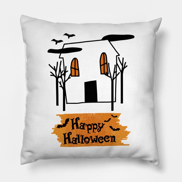 Haunted House Halloween Cute Doodle, Halloween Trick Treat Spooky Creepy Pumpkin Concept, Scary Trees And Flying Bats Transparent Graphic Design Pillow by Modern Art