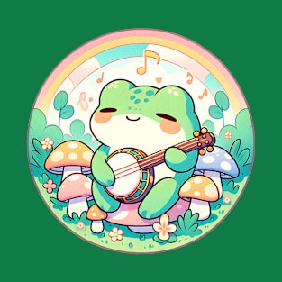 Cottagecore Aesthetic Cute Frog Playing Banjo among Mushrooms T-Shirt