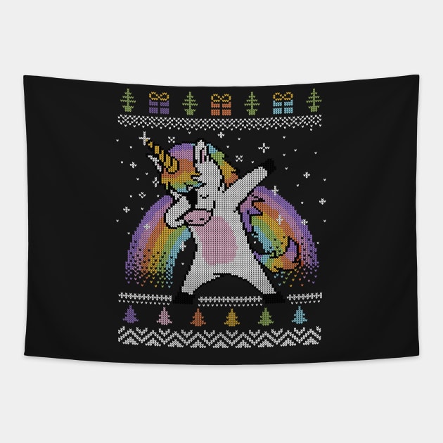 Dabbing Unicorn Ugly Sweater Tapestry by vo_maria