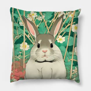 Flower Journey with the Cottagecore Grey American Fuzzy Lop Rabbit Bunny Pillow