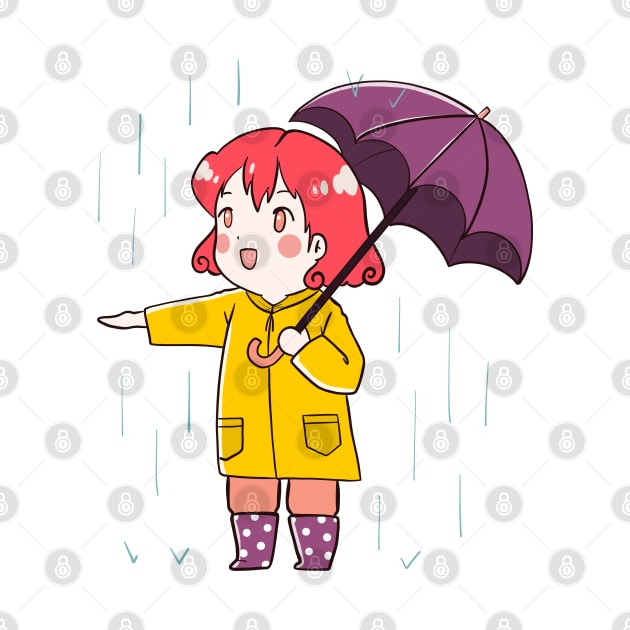 Cute Chibi Anime Girl Rainy Day Illustration by MariOyama