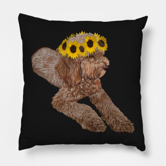 Hippie boho Cavapoo Cavoodle puppy with flower crown - cute cavalier king charles spaniel with sunflowers in hair Pillow by Artonmytee