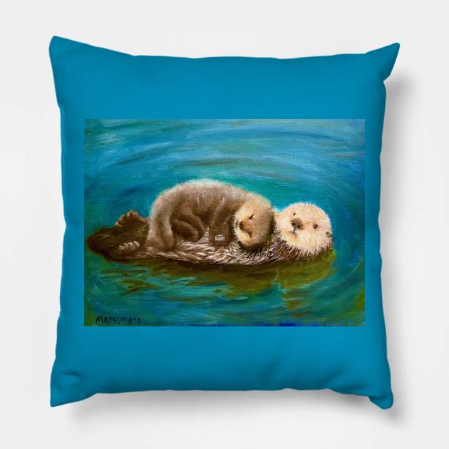 Mom and Baby Otters Pillow by EdiMatsumoto